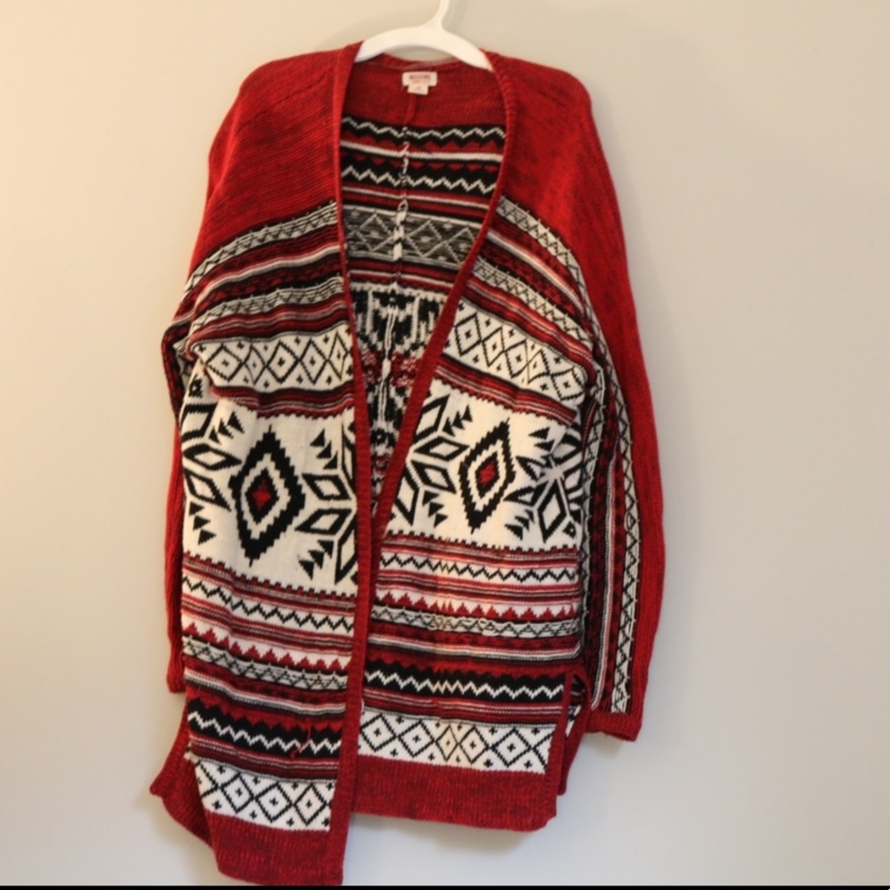 red geometric pattern cardigan